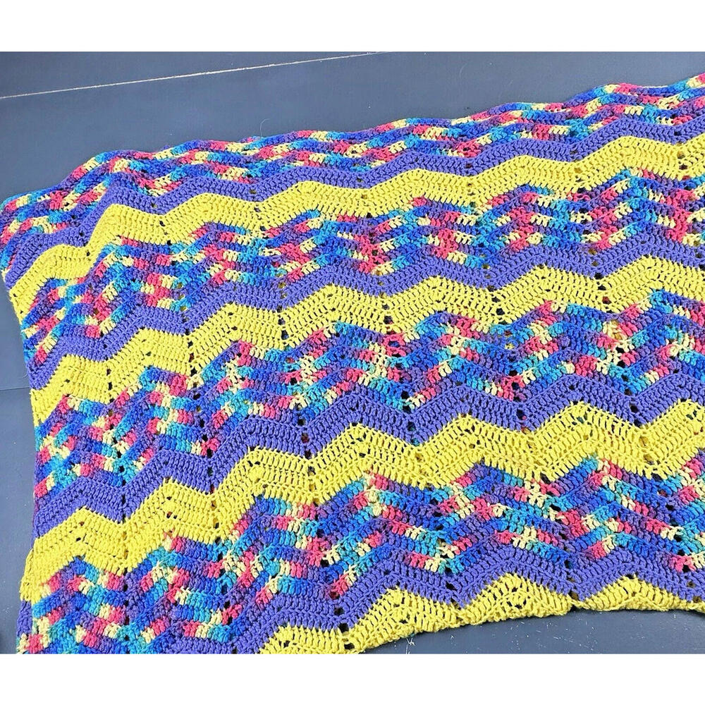 Hand Knit Afghan Blanket 75x46" Purple Yellow Wavy Knit Throw Sofa Back